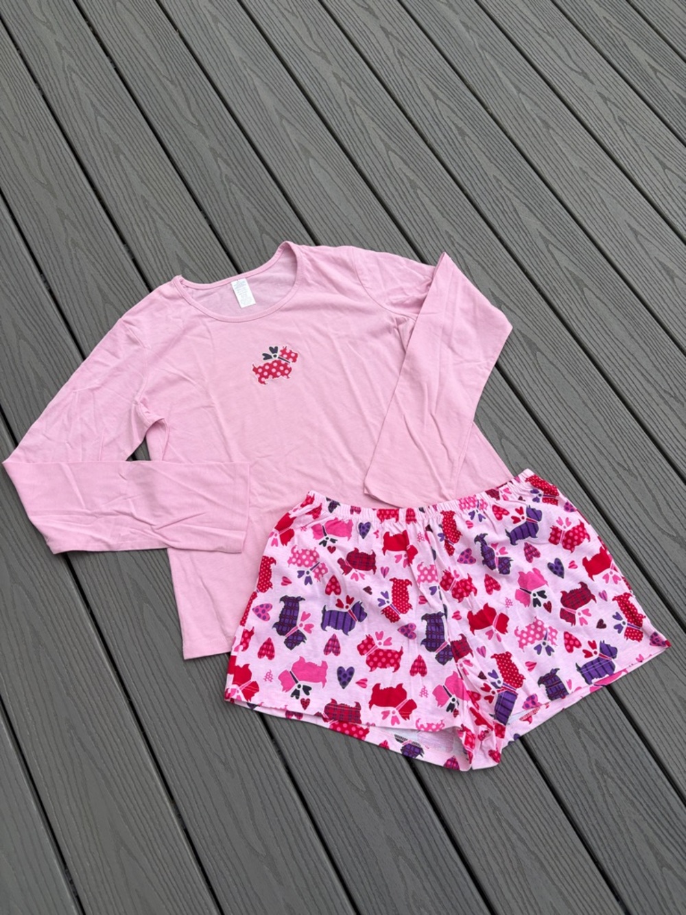 Pink Scottie Dog Patterned Long-Sleeve Pajama Top Shorts